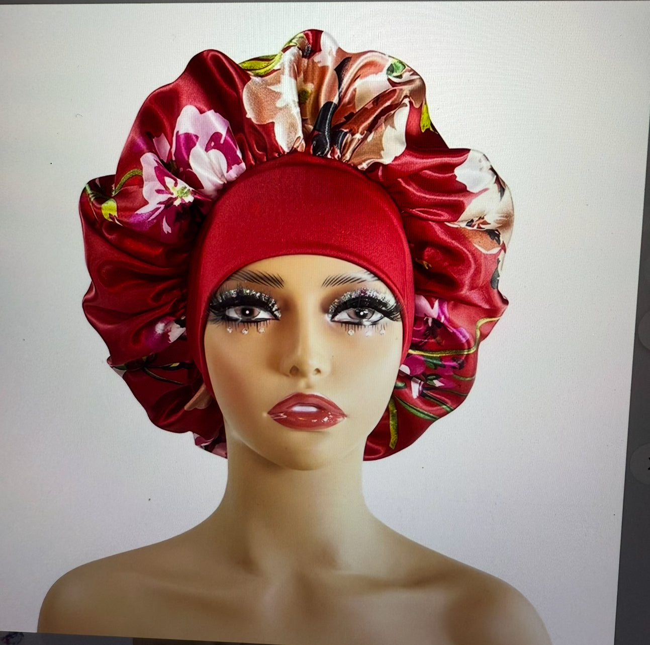 Red Floral Satin Bonnet