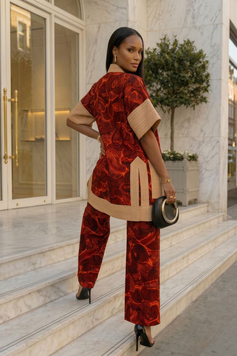 Mbombo Heritage Luxe Ashoke Mix with ankara Pant Set