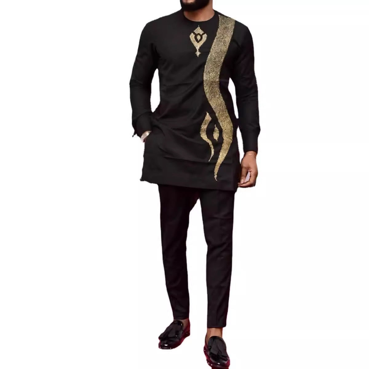 Men’s Black & gold on chest  African Embroidered Suit Dashiki | Long Sleeve 2-Piece Outfit