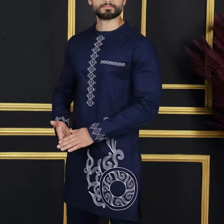 Men’s Navy Blue African Kaftan | Embroidered Long Sleeve 2-Piece Set