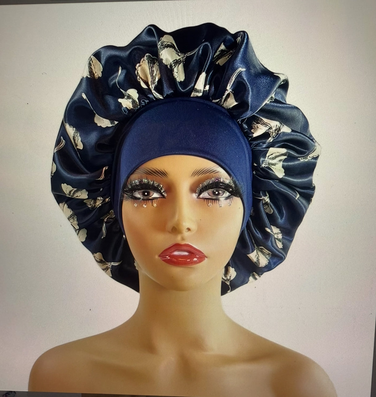 Navy Blue Butterfly Satin Bonnet