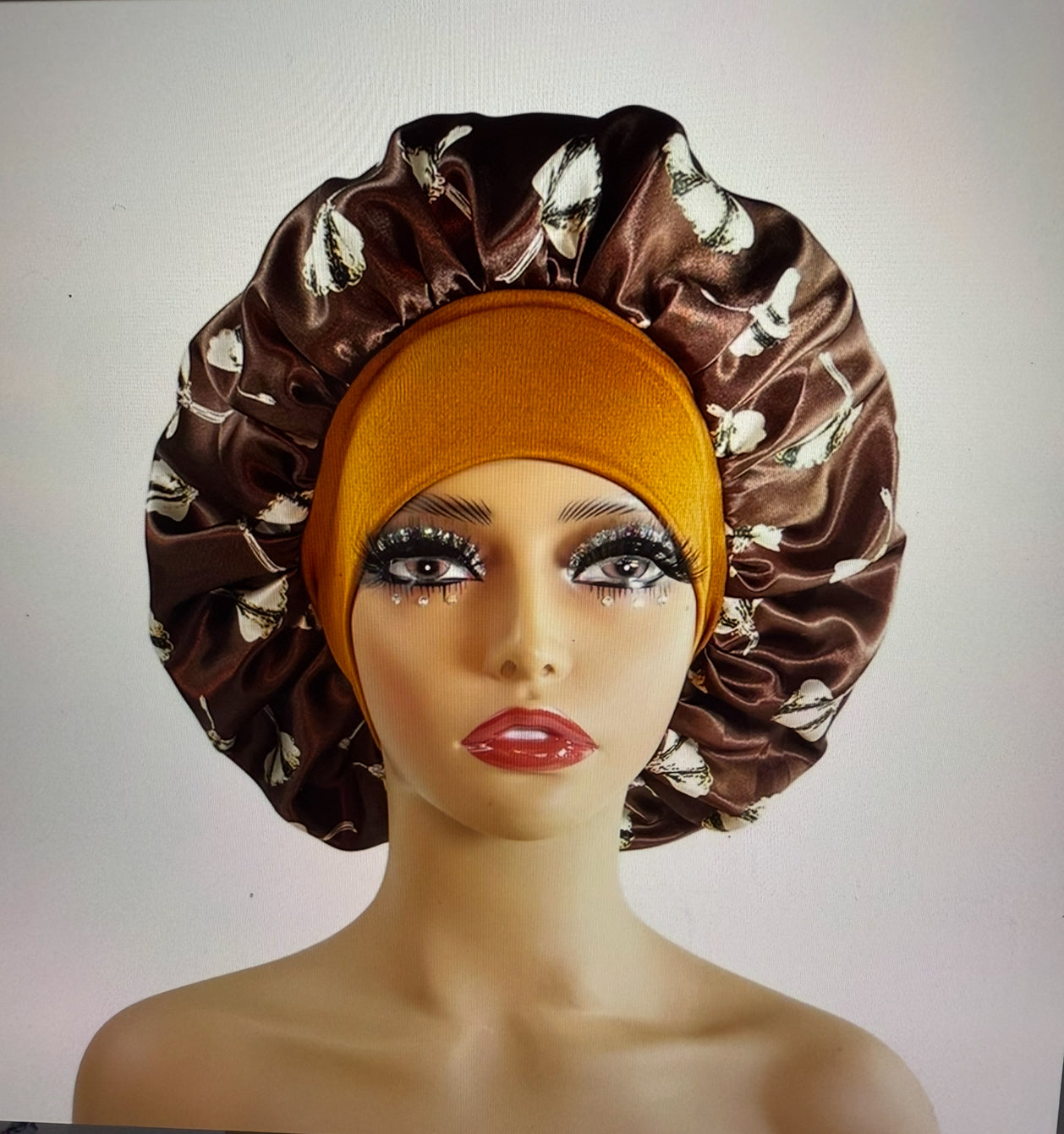 Brown & Gold Butterfly Satin Bonnet