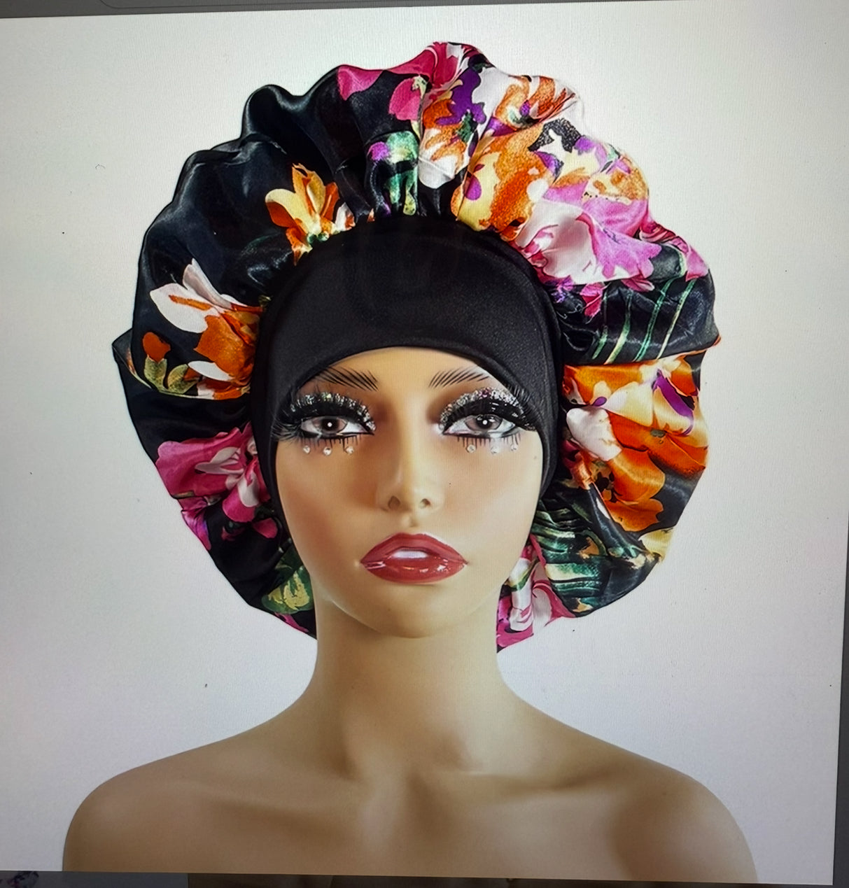 Black Floral Satin Bonnet