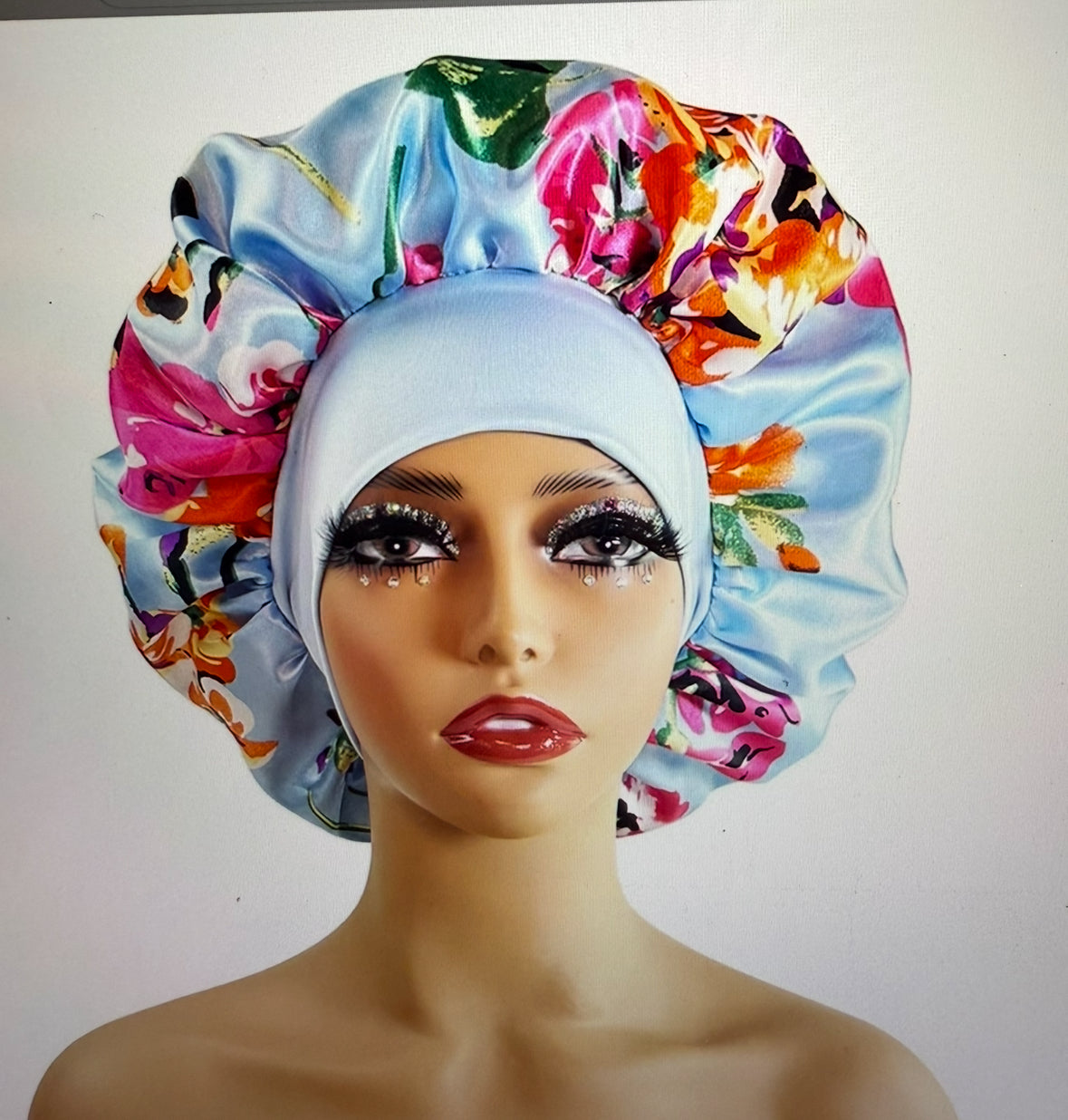 Sky Blue Floral Satin Bonnet – Protective Sleep Cap