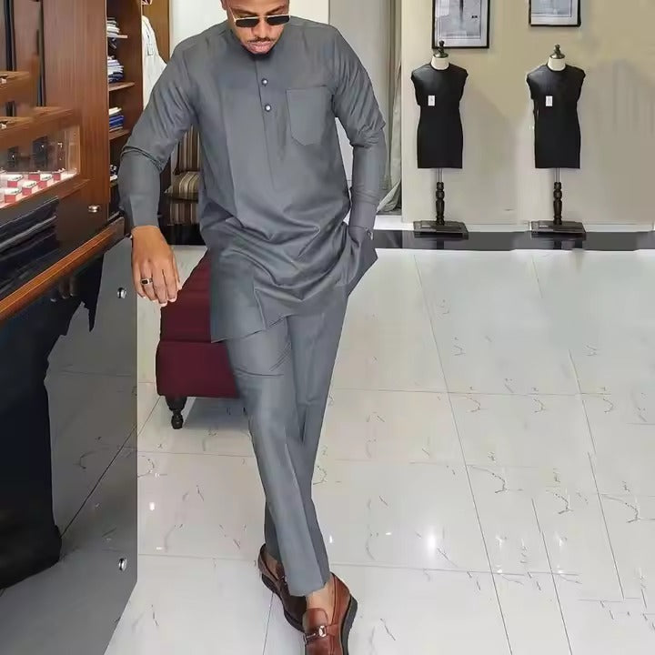 Men’s Charcoal Gray African dashiki Kaftan | Elegant 2-Piece Long Sleeve Suit